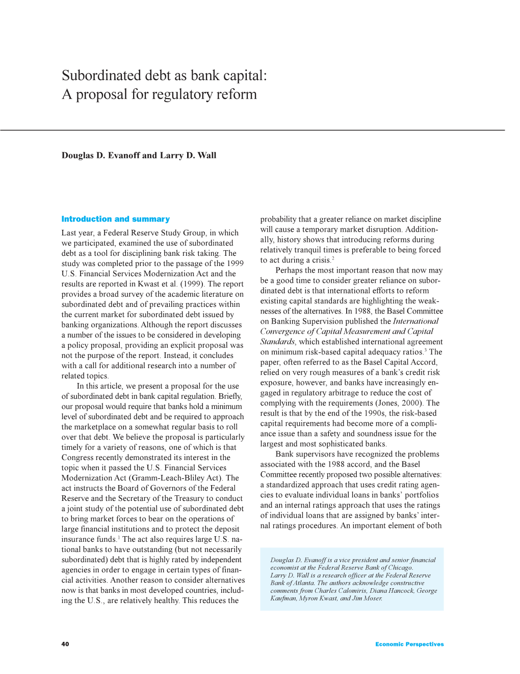 Subordinated Debt As Bank Capital: a Proposal for Regulatory Reform