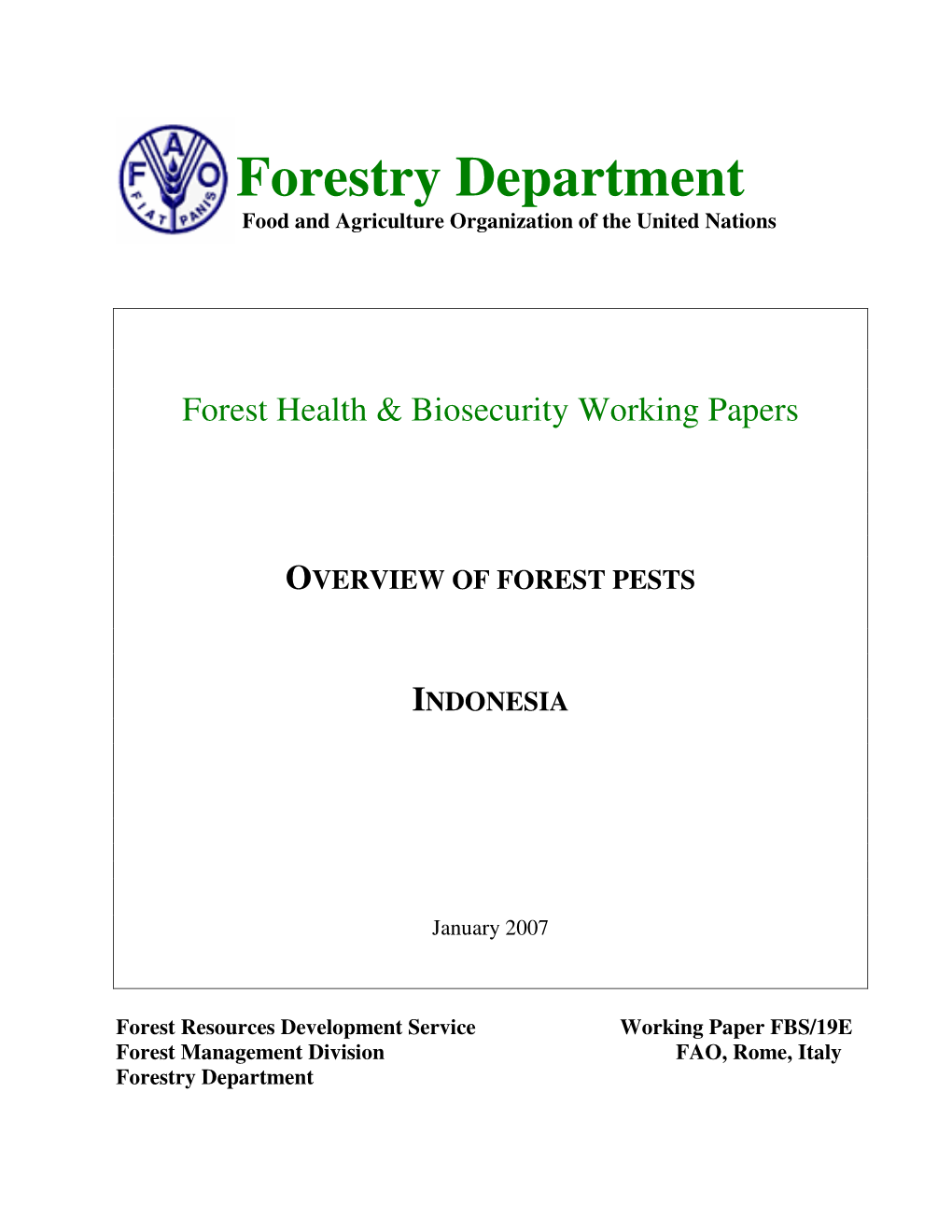 Forestry Department Food and Agriculture Organization of the United Nations