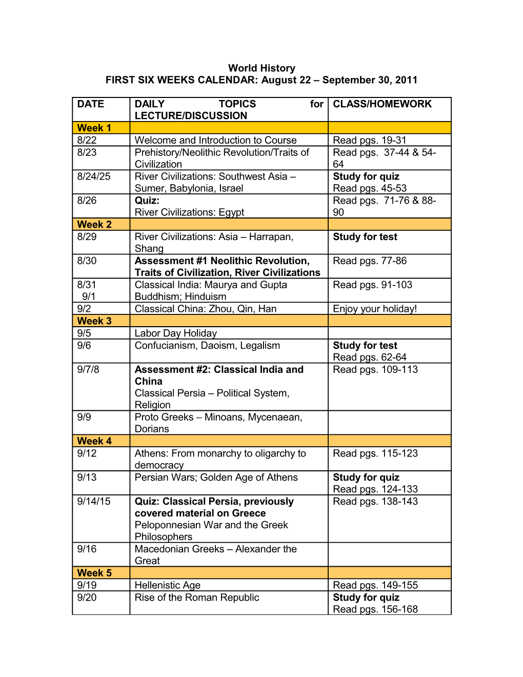 Schedule Subject to Change to Meet the Needs of the Class