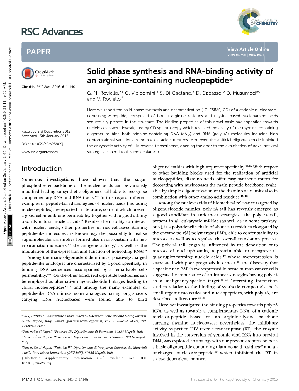 Solid Phase Synthesis and RNA-Binding Activity of an Arginine-Containing Nucleopeptide† Cite This: RSC Adv.,2016,6, 14140 G