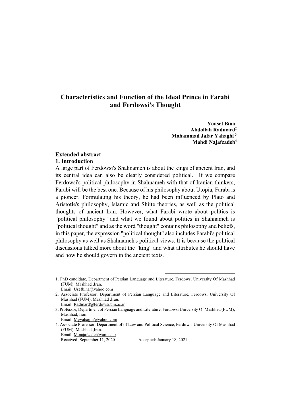 Characteristics and Function of the Ideal Prince in Farabi and Ferdowsi's Thought