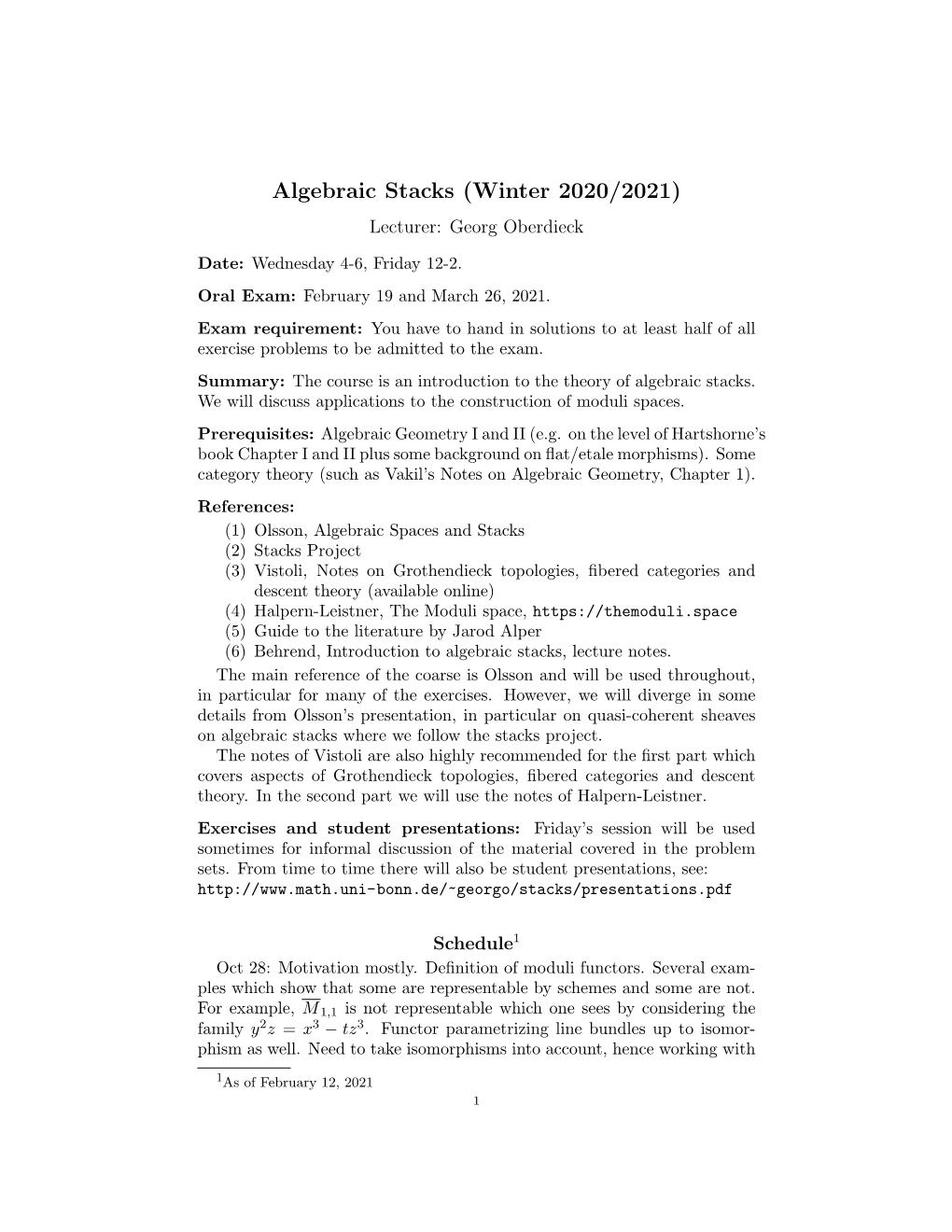 Algebraic Stacks (Winter 2020/2021) Lecturer: Georg Oberdieck