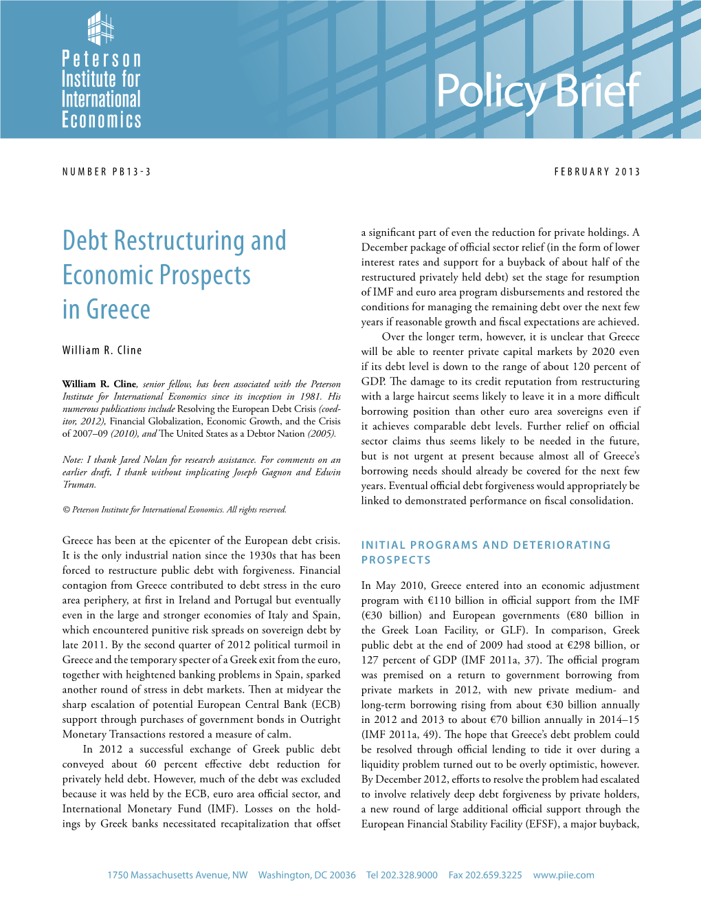 Policy Brief 13-3: Debt Restructuring and Economic Prospects in Greece