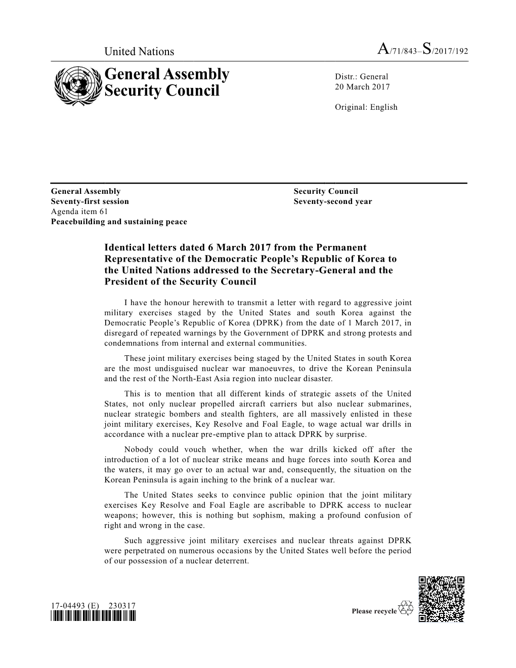 General Assembly Security Council Seventy-First Session Seventy-Second Year Agenda Item 61 Peacebuilding and Sustaining Peace