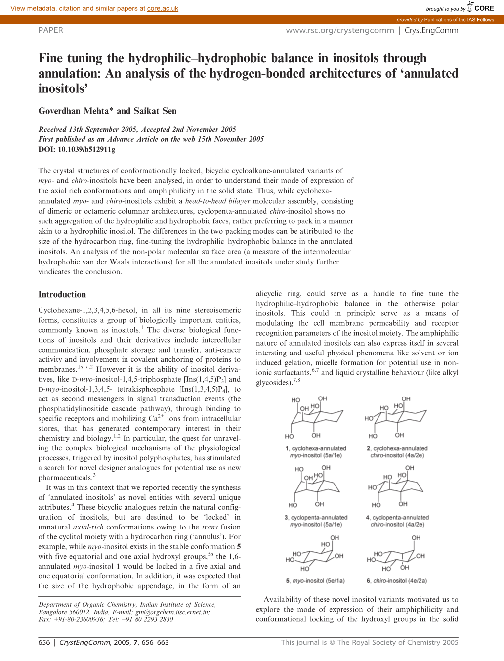 Fine Tuning the Hydrophilic–Hydrophobic Balance in Inositols Through Annulation: an Analysis of the Hydrogen-Bonded Architectures of ‘Annulated Inositols’