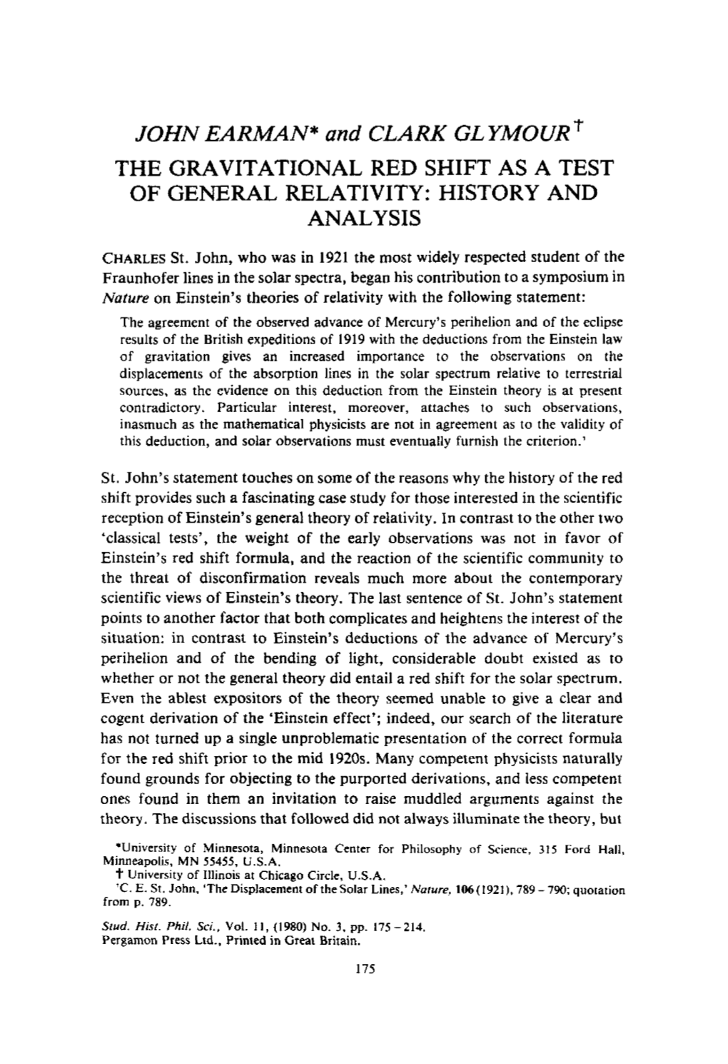 JOHN EARMAN* and CLARK GL YMUURT the GRAVITATIONAL RED SHIFT AS a TEST of GENERAL RELATIVITY: HISTORY and ANALYSIS