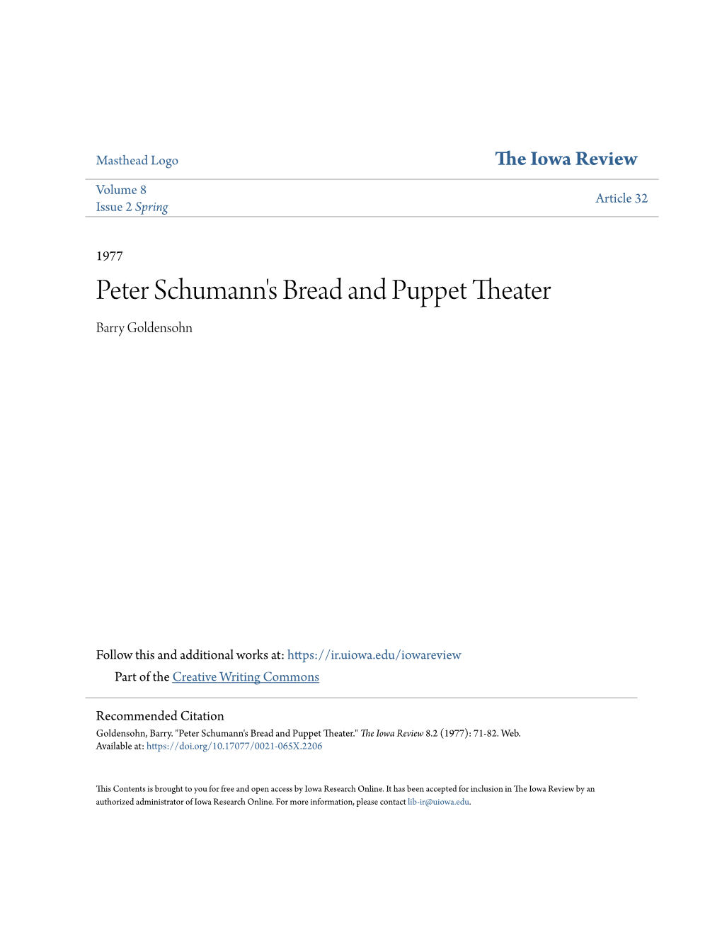Peter Schumann's Bread and Puppet Theater Barry Goldensohn