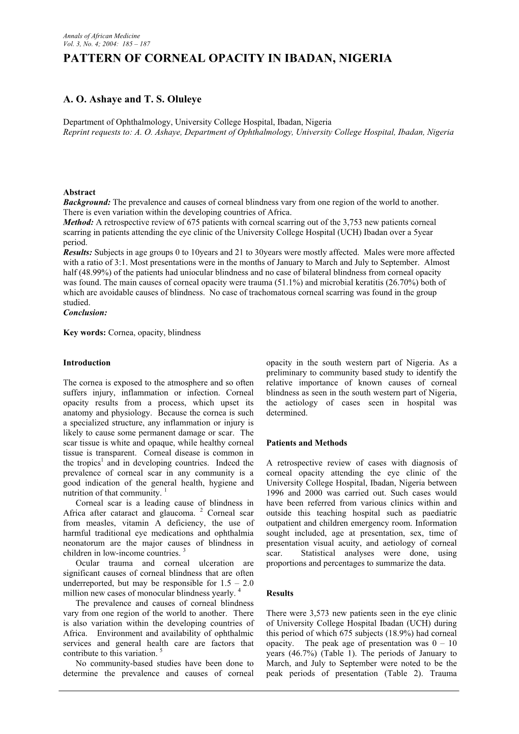 Pattern of Corneal Opacity in Ibadan, Nigeria