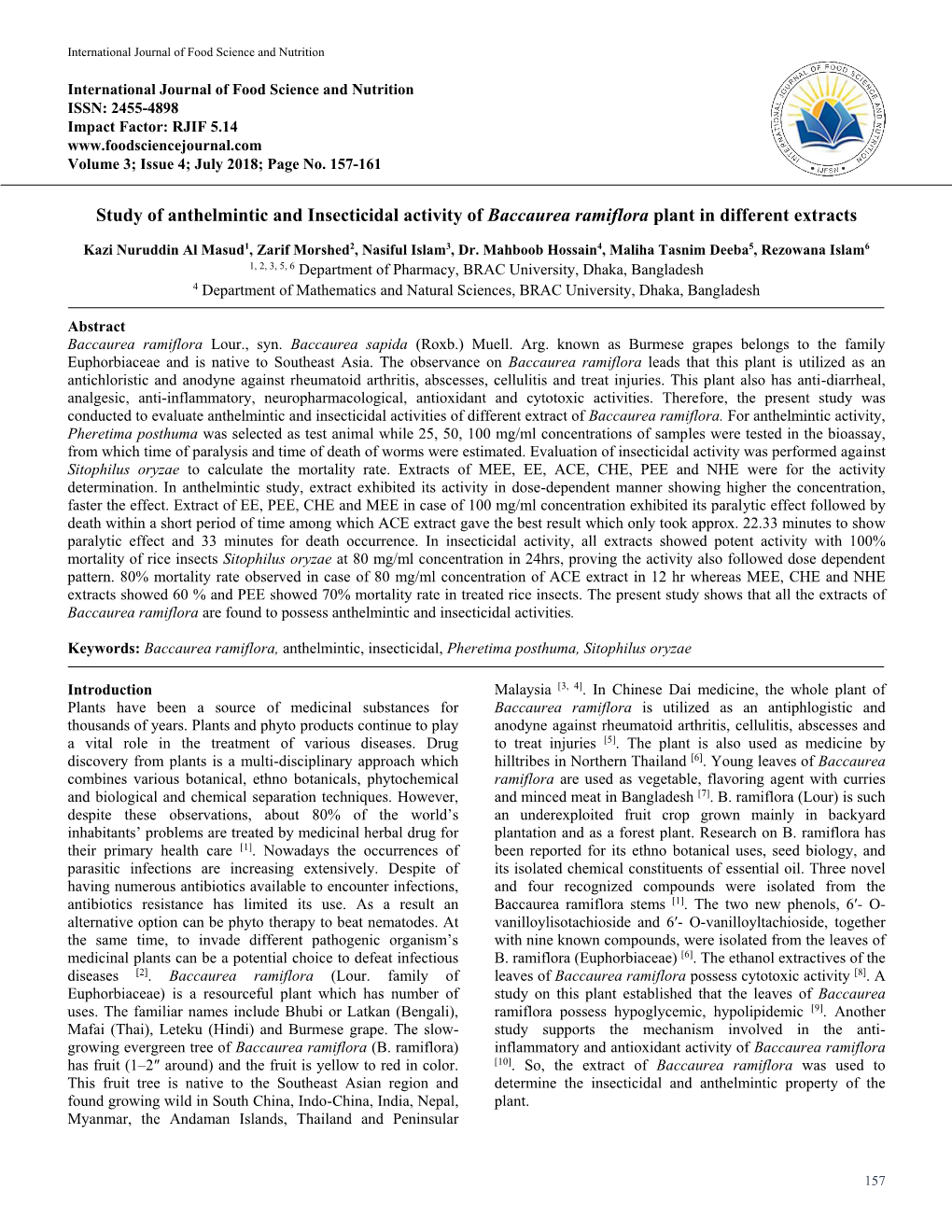 Study of Anthelmintic and Insecticidal Activity of Baccaurea Ramiflora Plant in Different Extracts