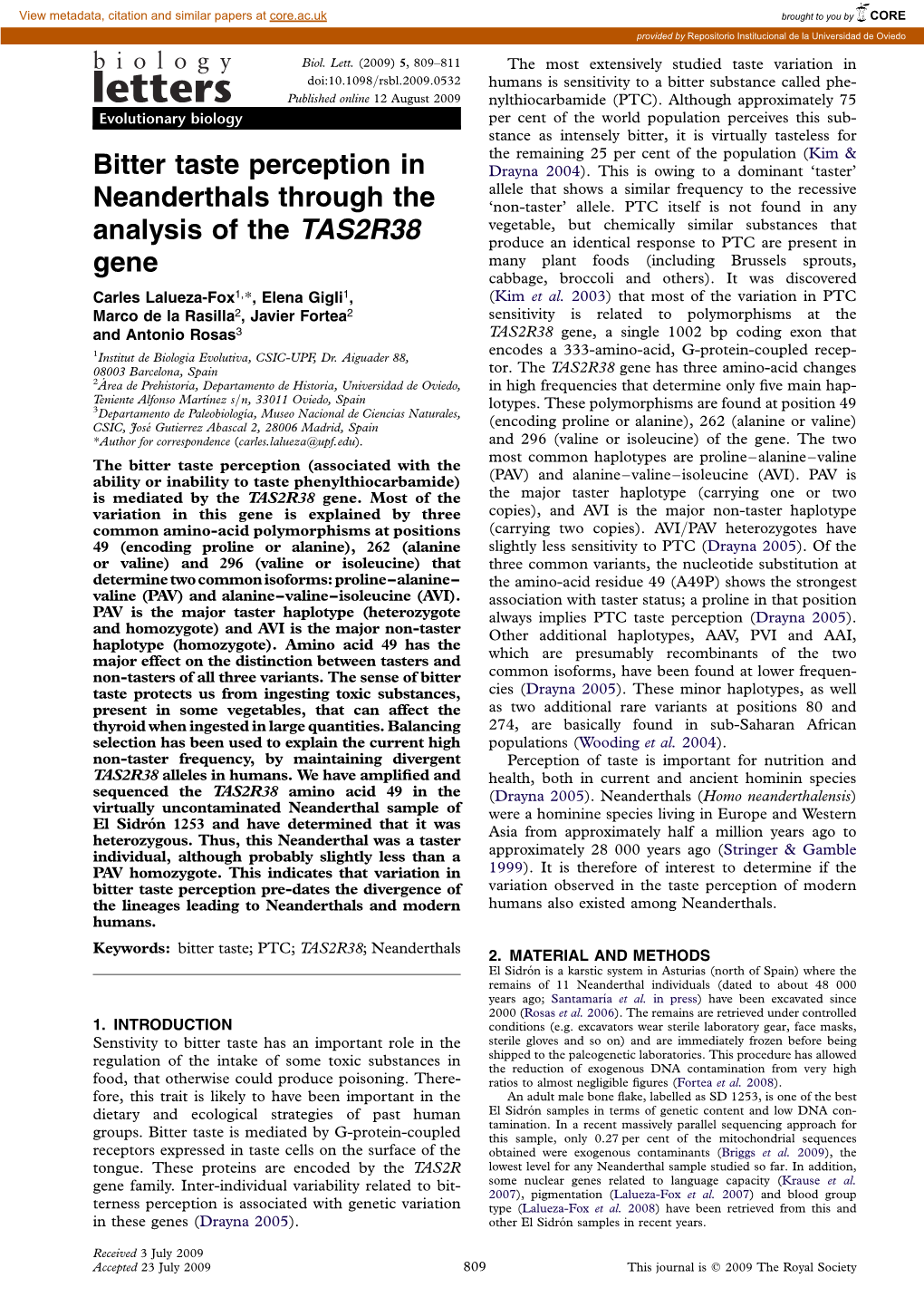 Bitter Taste Perception in Neanderthals Through the Analysis of The