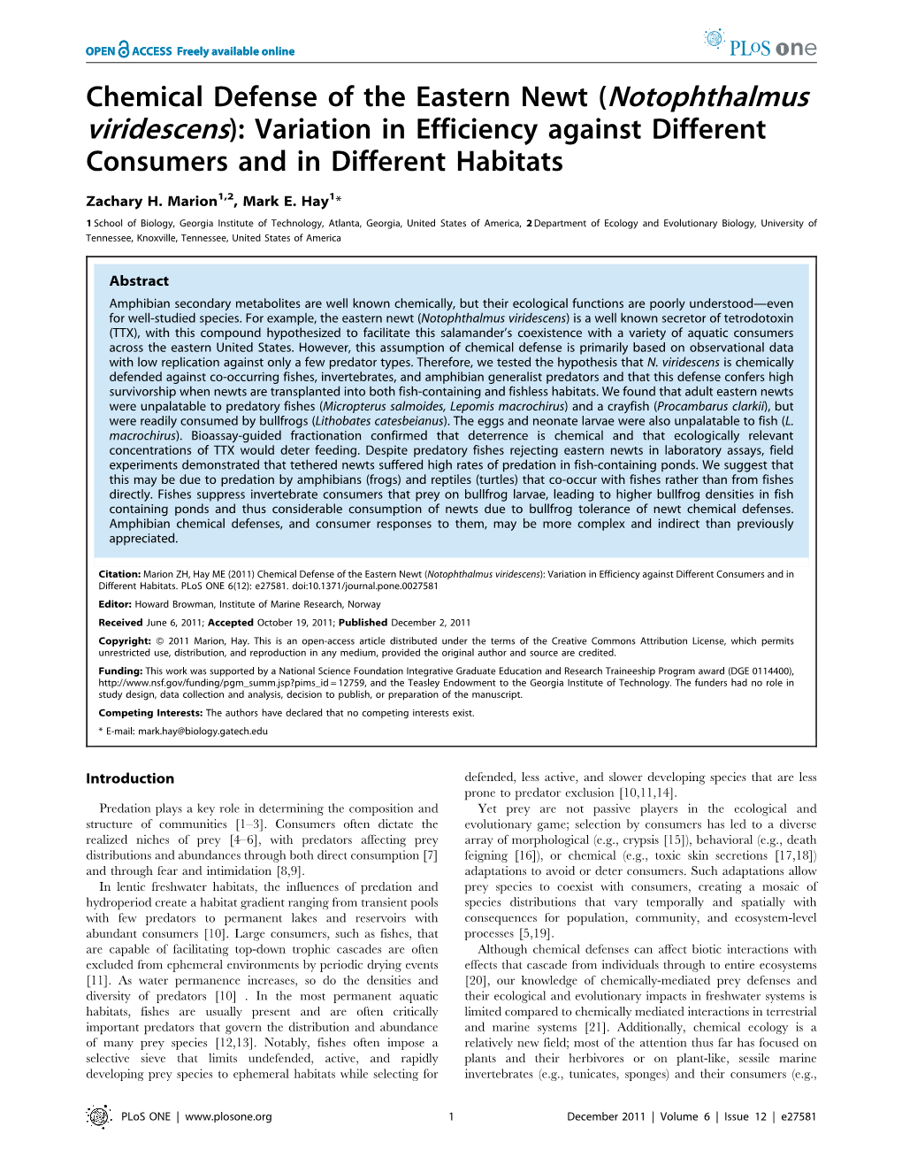 Chemical Defense of the Eastern Newt (Notophthalmus Viridescens): Variation in Efficiency Against Different Consumers and in Different Habitats