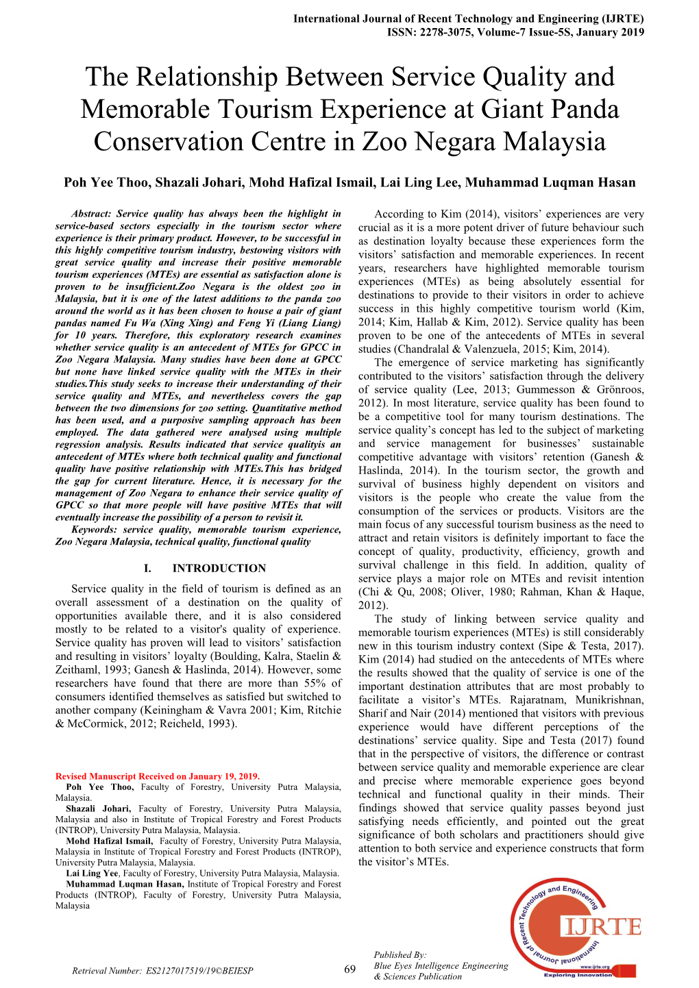 The Relationship Between Service Quality and Memorable Tourism Experience at Giant Panda Conservation Centre in Zoo Negara Malaysia