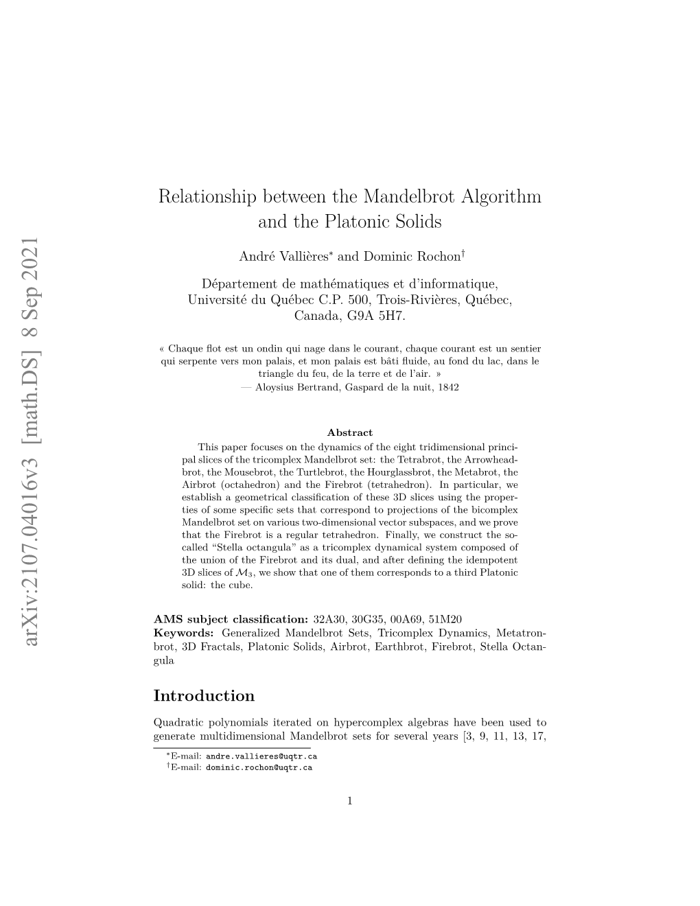 Relationship Between the Mandelbrot Algorithm and the Platonic Solids