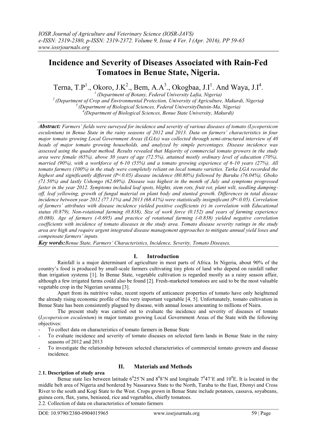 Incidence and Severity of Diseases Associated with Rain-Fed Tomatoes in Benue State, Nigeria