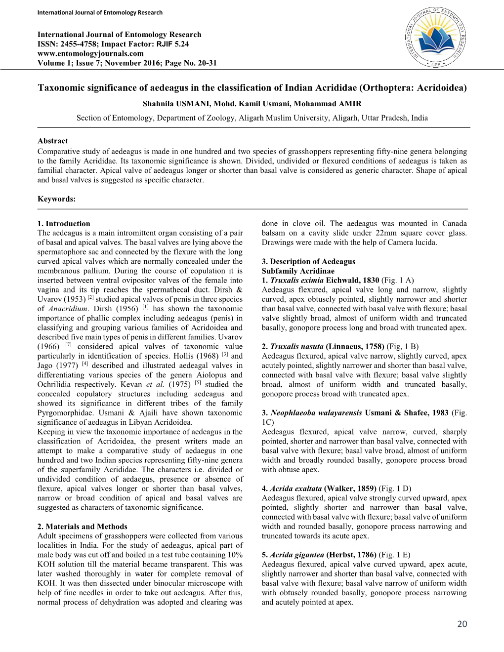 20 Taxonomic Significance of Aedeagus in the Classification Of