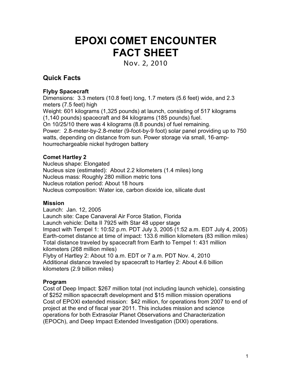 EPOXI COMET ENCOUNTER FACT SHEET Nov