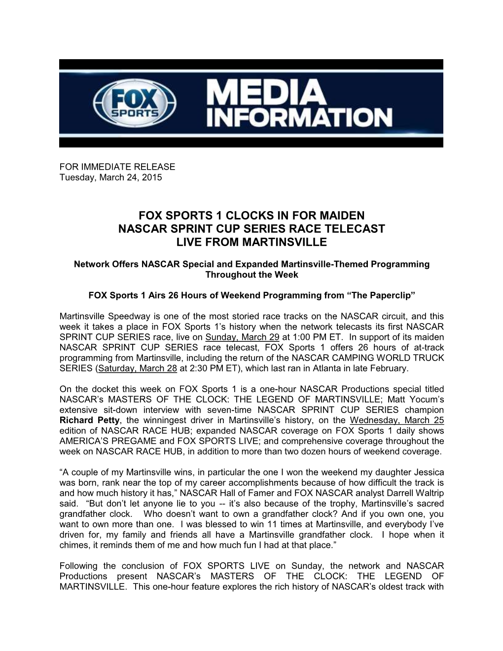 Fox Sports 1 Clocks in for Maiden Nascar Sprint Cup Series Race Telecast Live from Martinsville