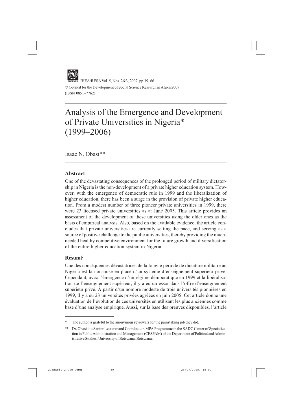 Analysis of the Emergence and Development of Private Universities in Nigeria* (1999–2006)