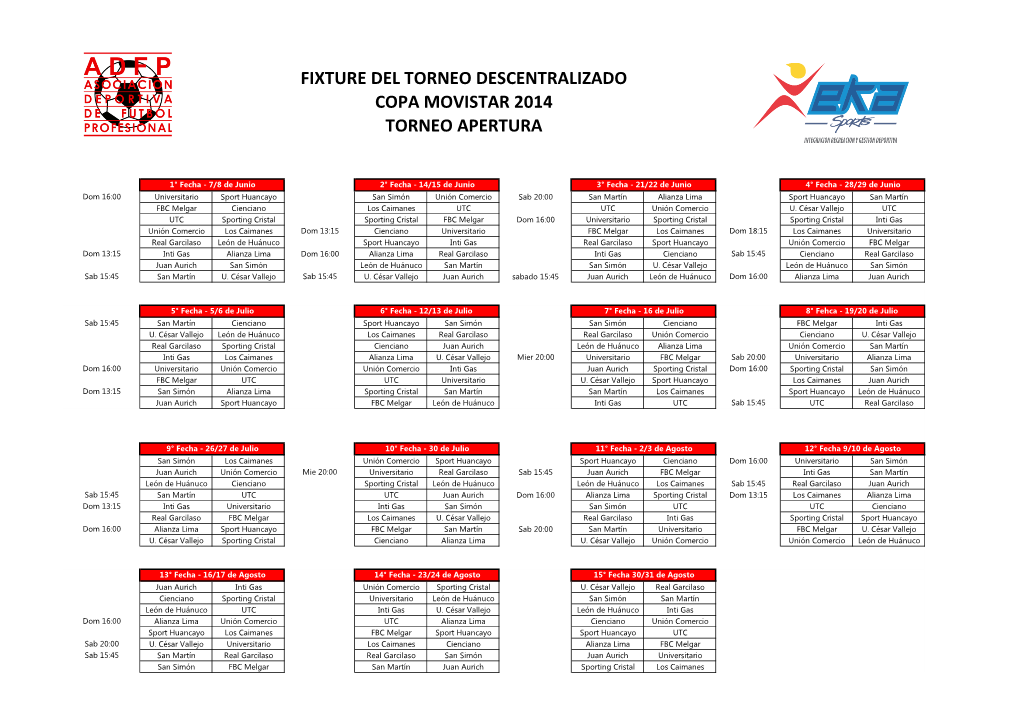 Fixture Del Torneo Descentralizado Copa Movistar 2014 Torneo Apertura