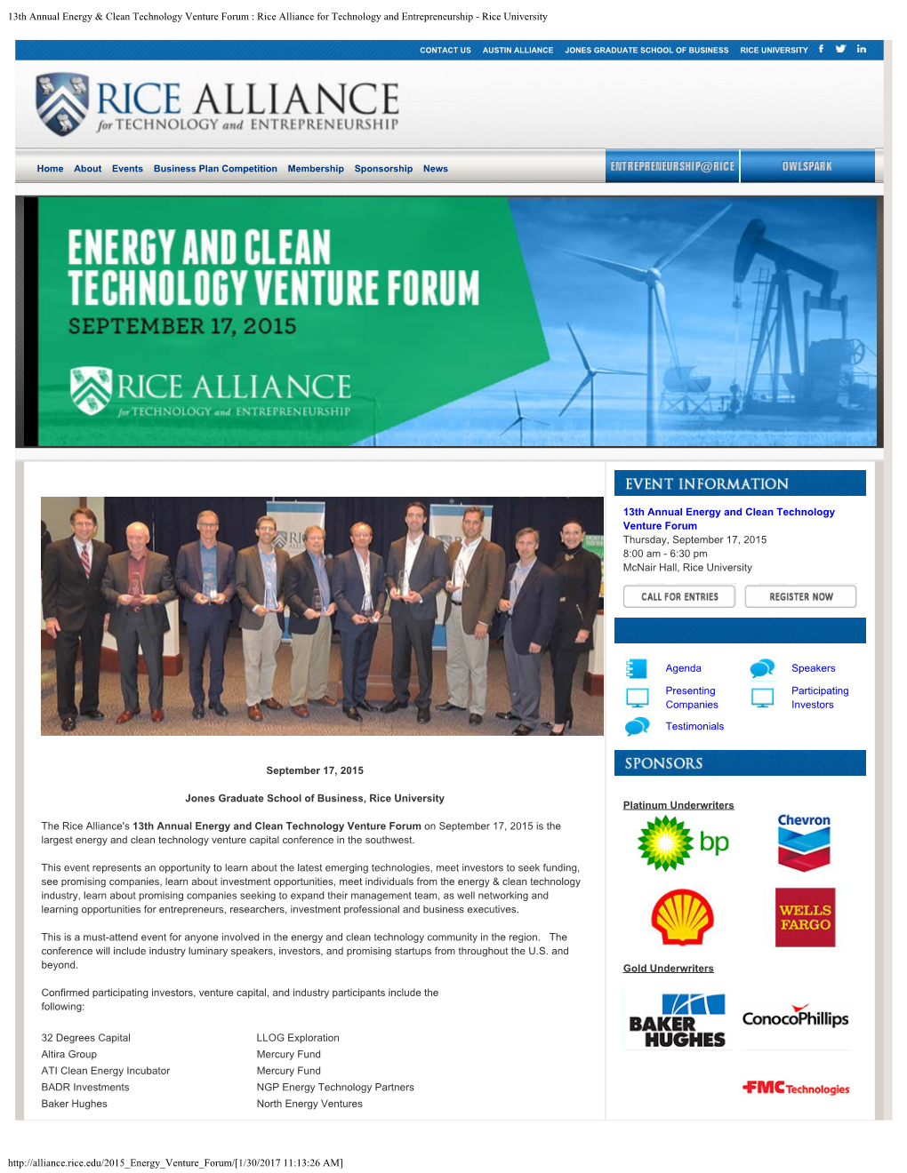 Energy and Clean Technology Venture Forum Thursday, September 17, 2015 8:00 Am - 6:30 Pm Mcnair Hall, Rice University