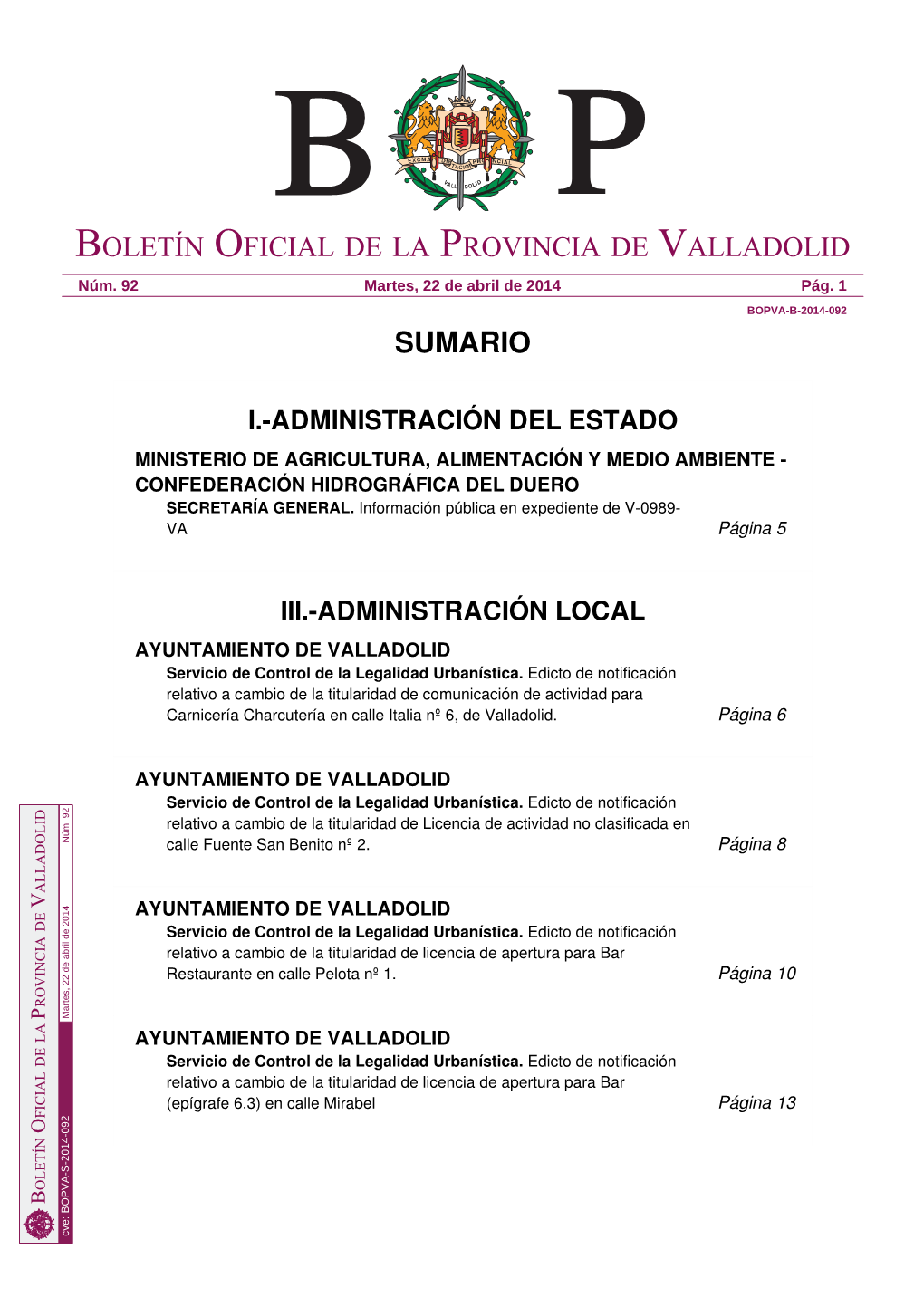 Sumario Boletín Oficial De La Provincia De Valladolid