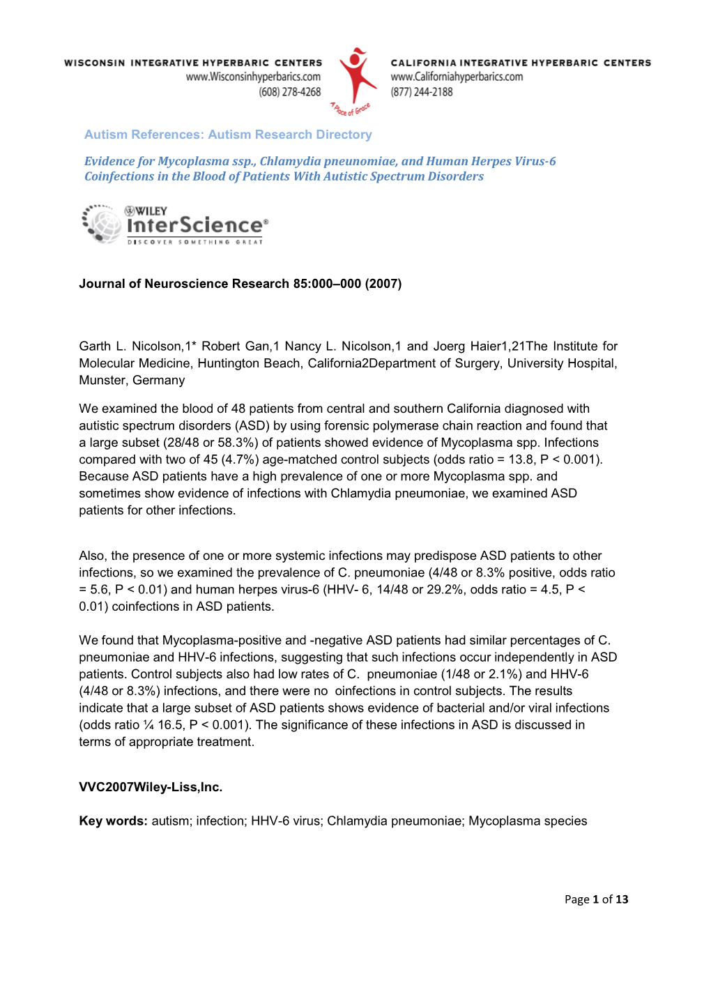 Autism Research Directory Evidence for Mycoplasma Ssp., Chlamydia Pneunomiae, and Human Herpes V