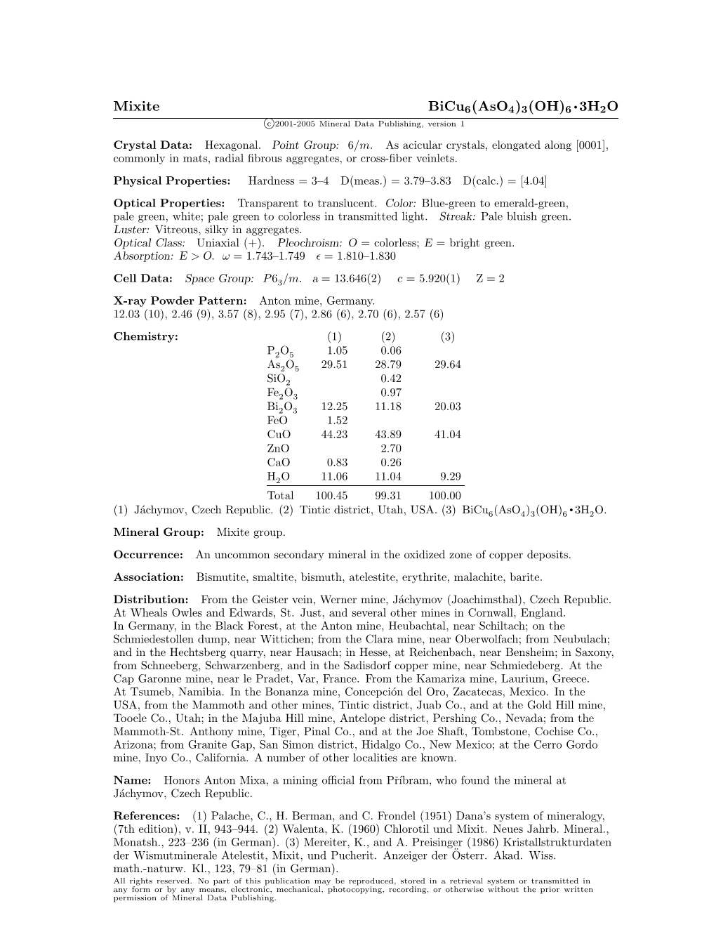 Mixite Bicu6(Aso4)3(OH)6 • 3H2O C 2001-2005 Mineral Data Publishing, Version 1 Crystal Data: Hexagonal