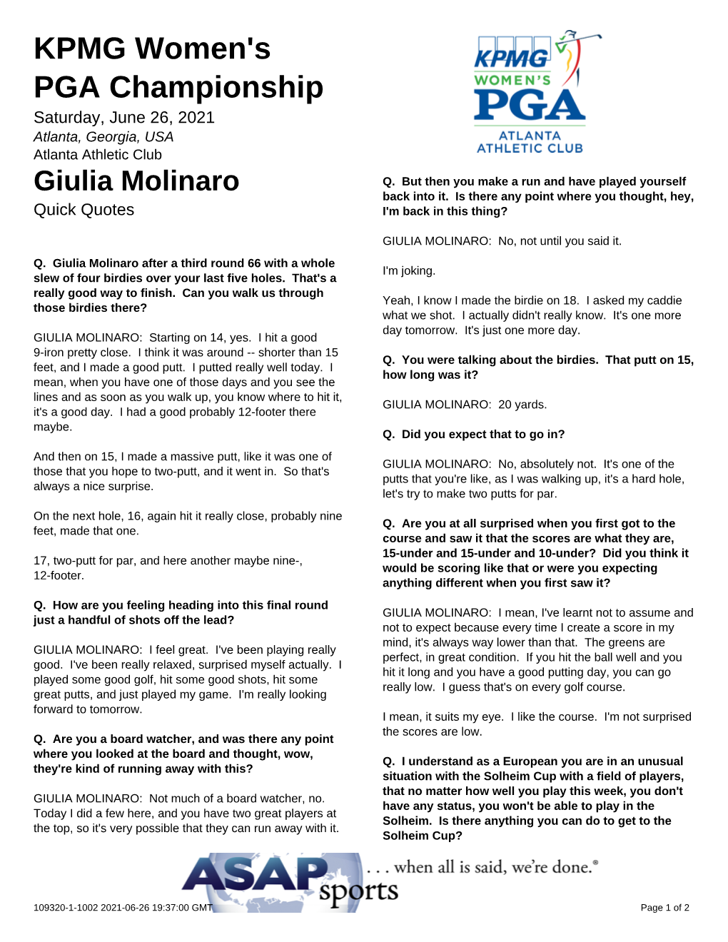 KPMG Women's PGA Championship Saturday, June 26, 2021 Atlanta, Georgia, USA Atlanta Athletic Club Giulia Molinaro Q