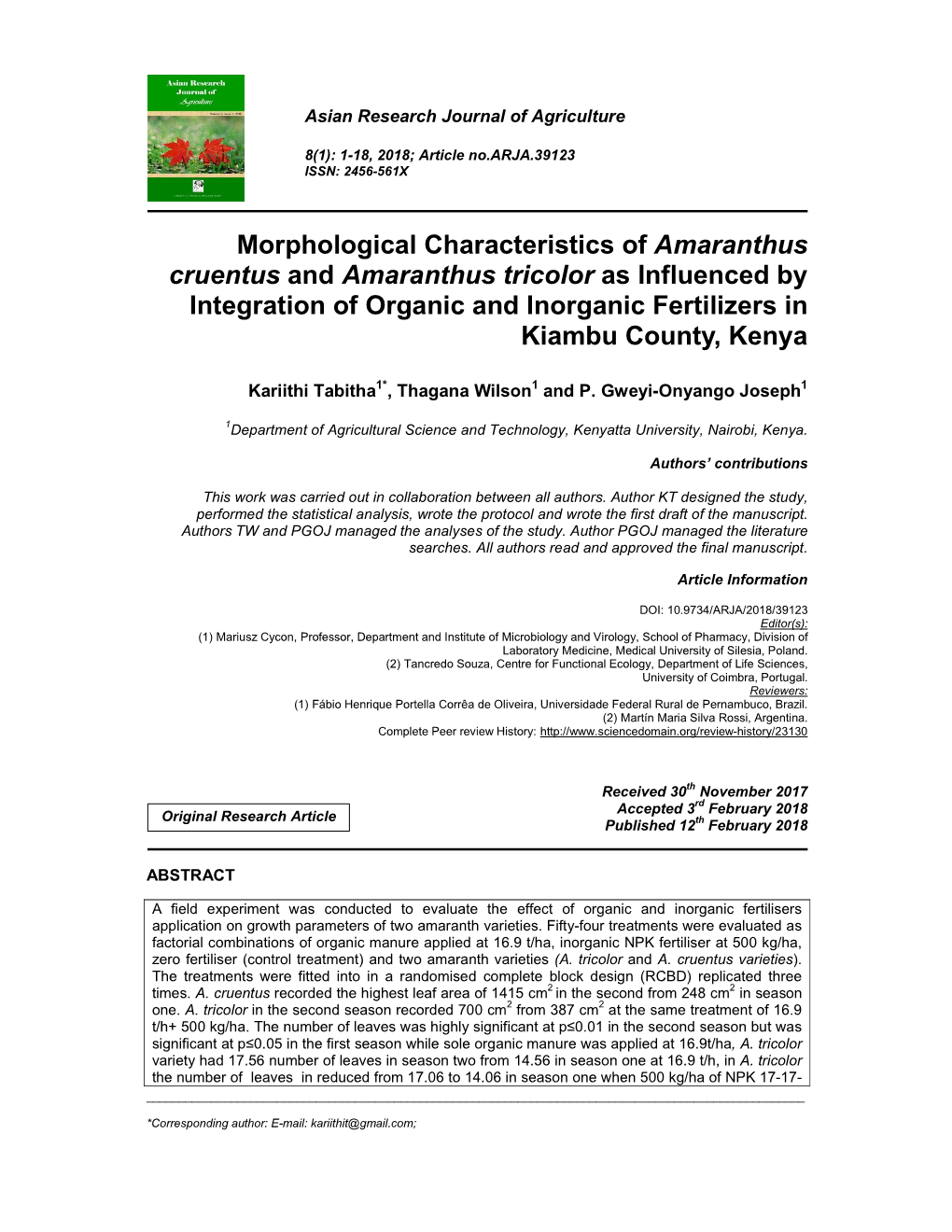 Morphological Characteristics of Amaranthus Cruentus And