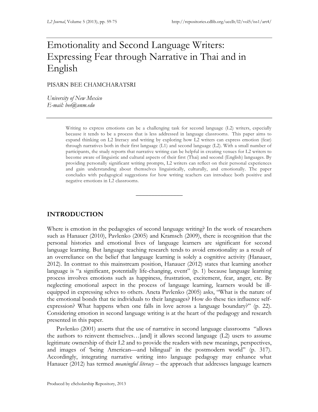 Emotionality and Second Language Writers: Expressing Fear Through Narrative in Thai and in English