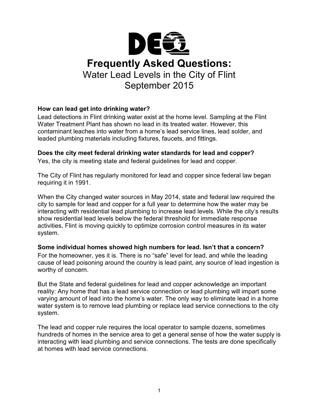 Frequently Asked Questions: Water Lead Levels in the City of Flint September 2015