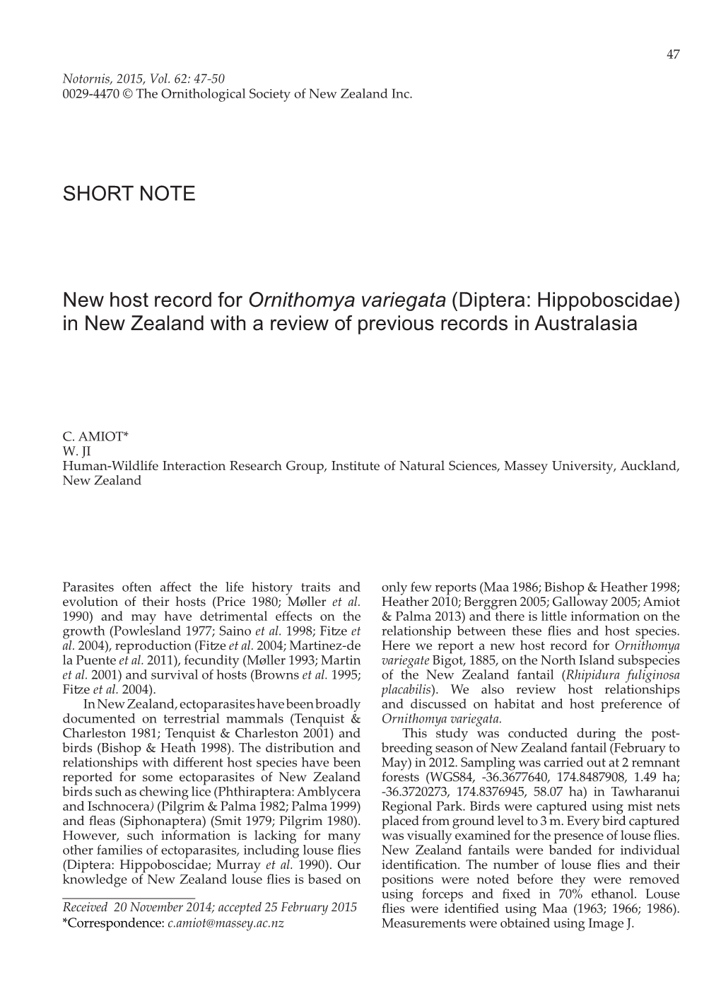 SHORT NOTE New Host Record for Ornithomya Variegata (Diptera