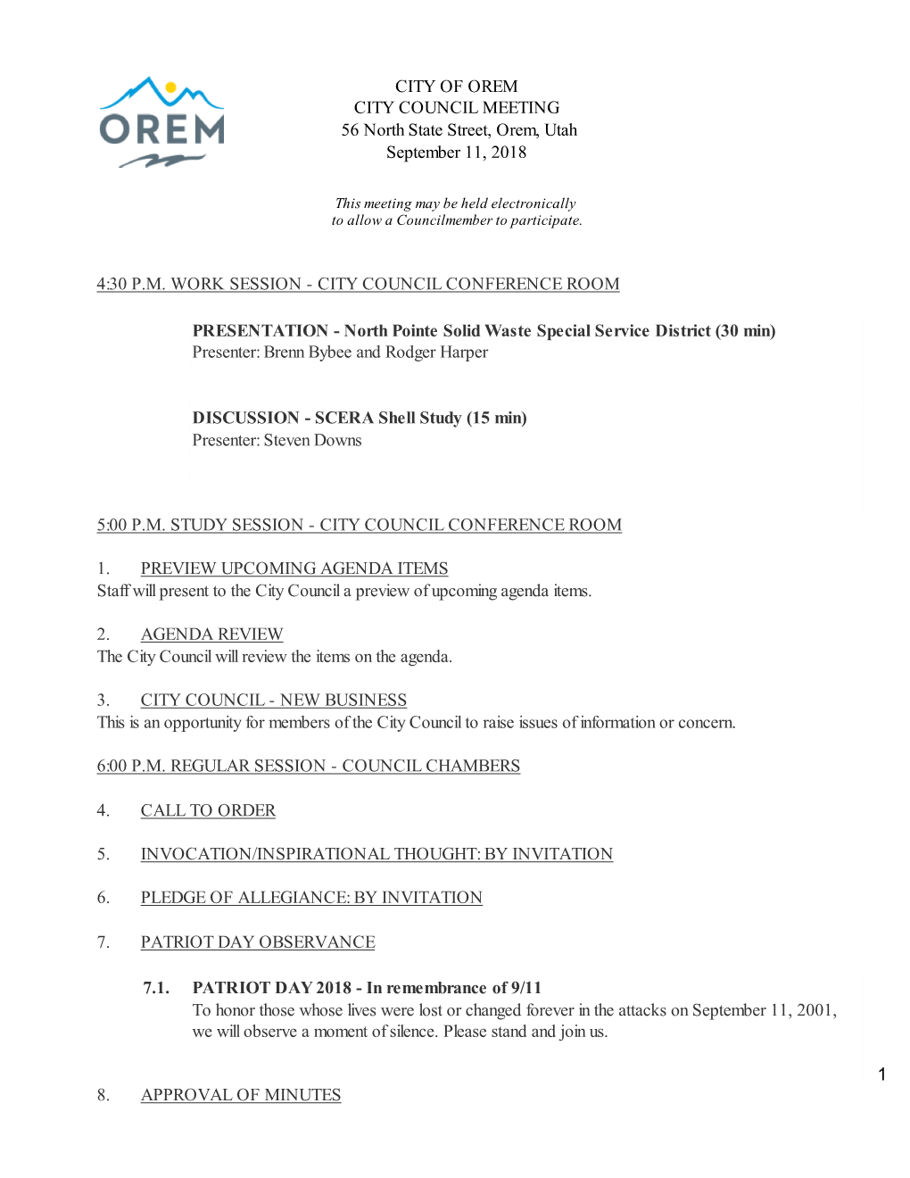 CITY COUNCIL MEETING 56 North State Street, Orem, Utah September 11, 2018