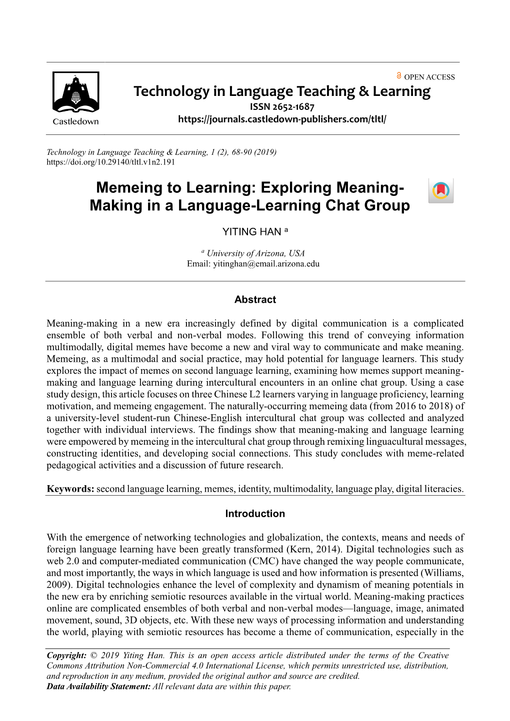 Memeing to Learning: Exploring Meaning-Making in a Language-Learning Chat Group 69