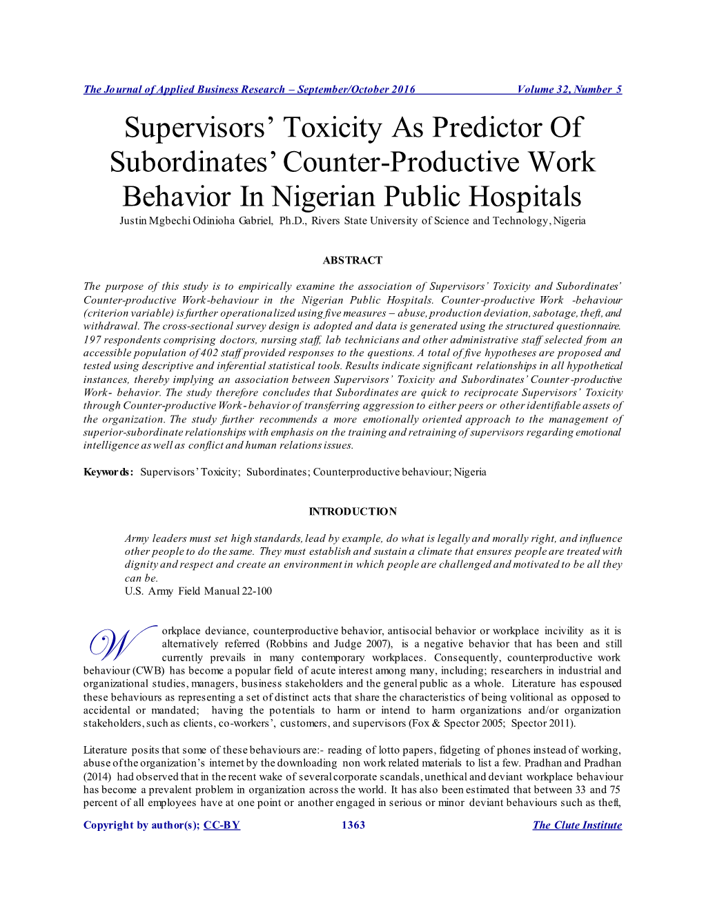 Supervisors' Toxicity As Predictor of Subordinates' Counter-Productive