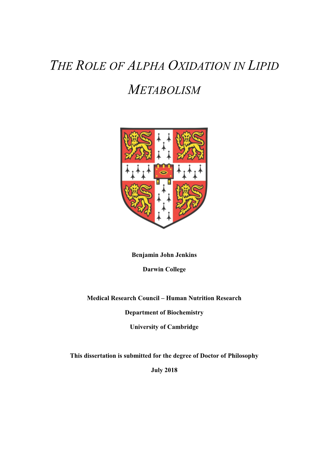 The Role of Alpha Oxidation in Lipid Metabolism, 2017