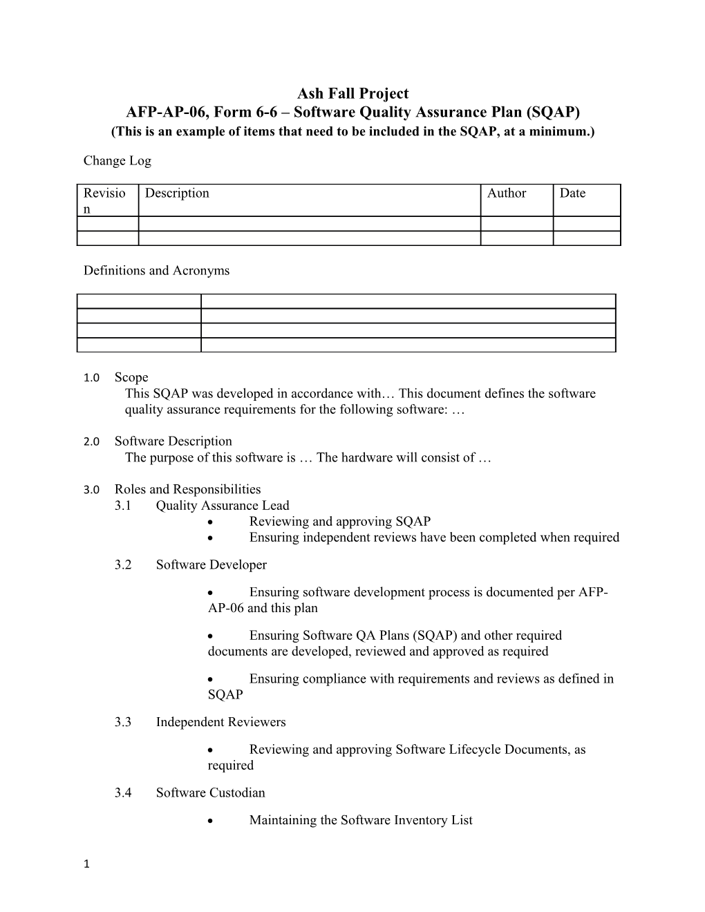 AFP-AP-06, Form 6-6 Software Quality Assurance Plan (SQAP)