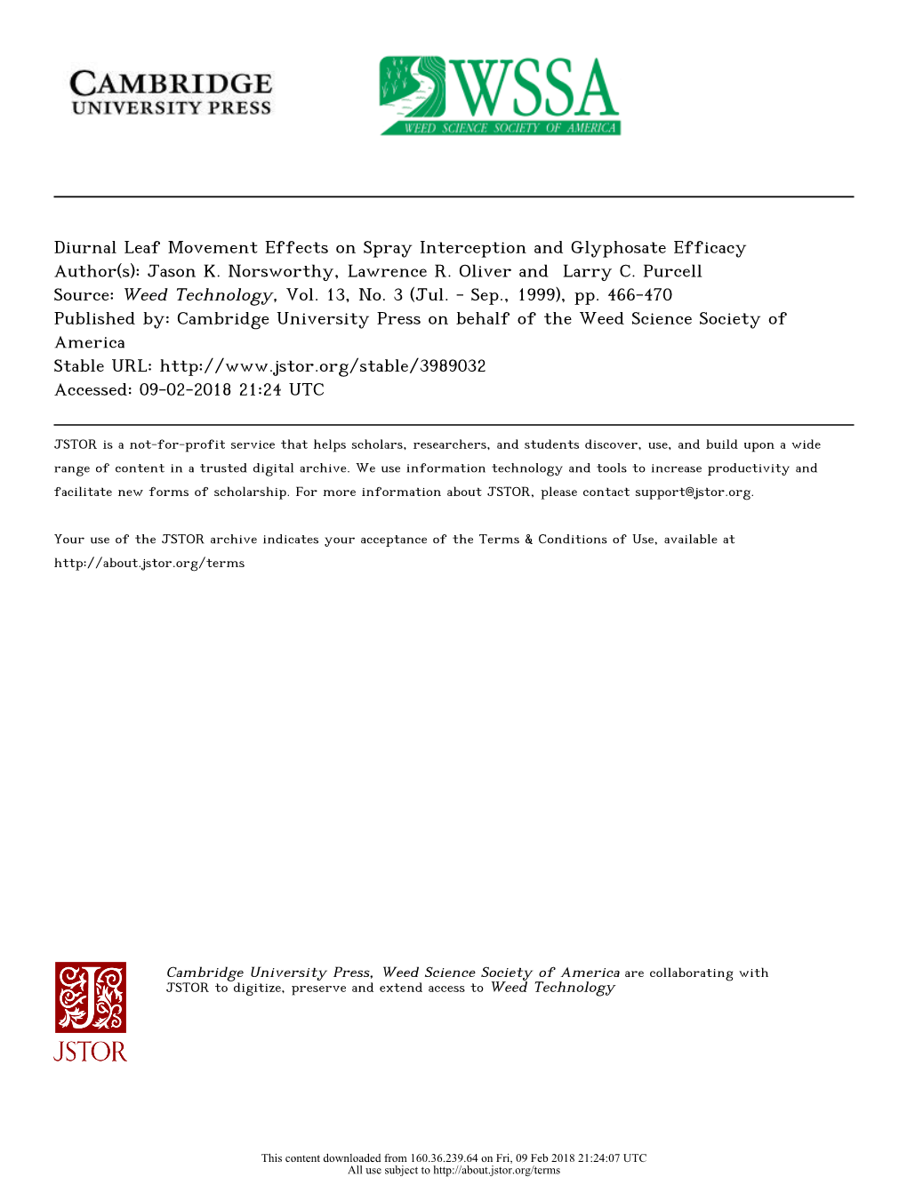 Diurnal Leaf Movement Effects on Spray Interception and Glyphosate Efficacy Author(S): Jason K