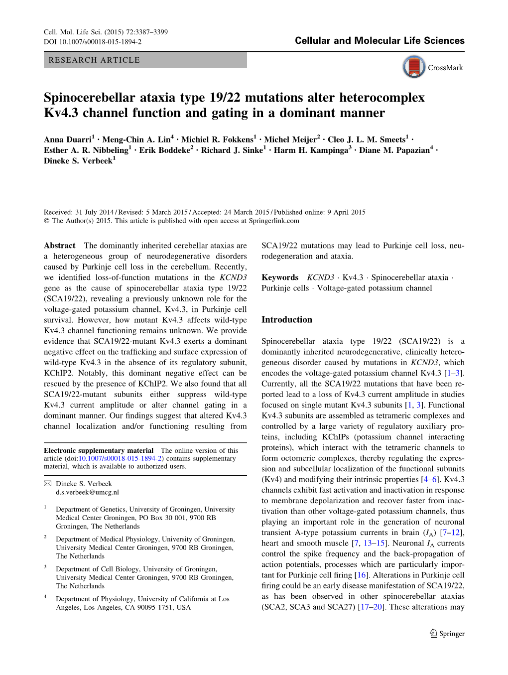 Spinocerebellar Ataxia Type 19/22 Mutations Alter Heterocomplex Kv4.3 Channel Function and Gating in a Dominant Manner