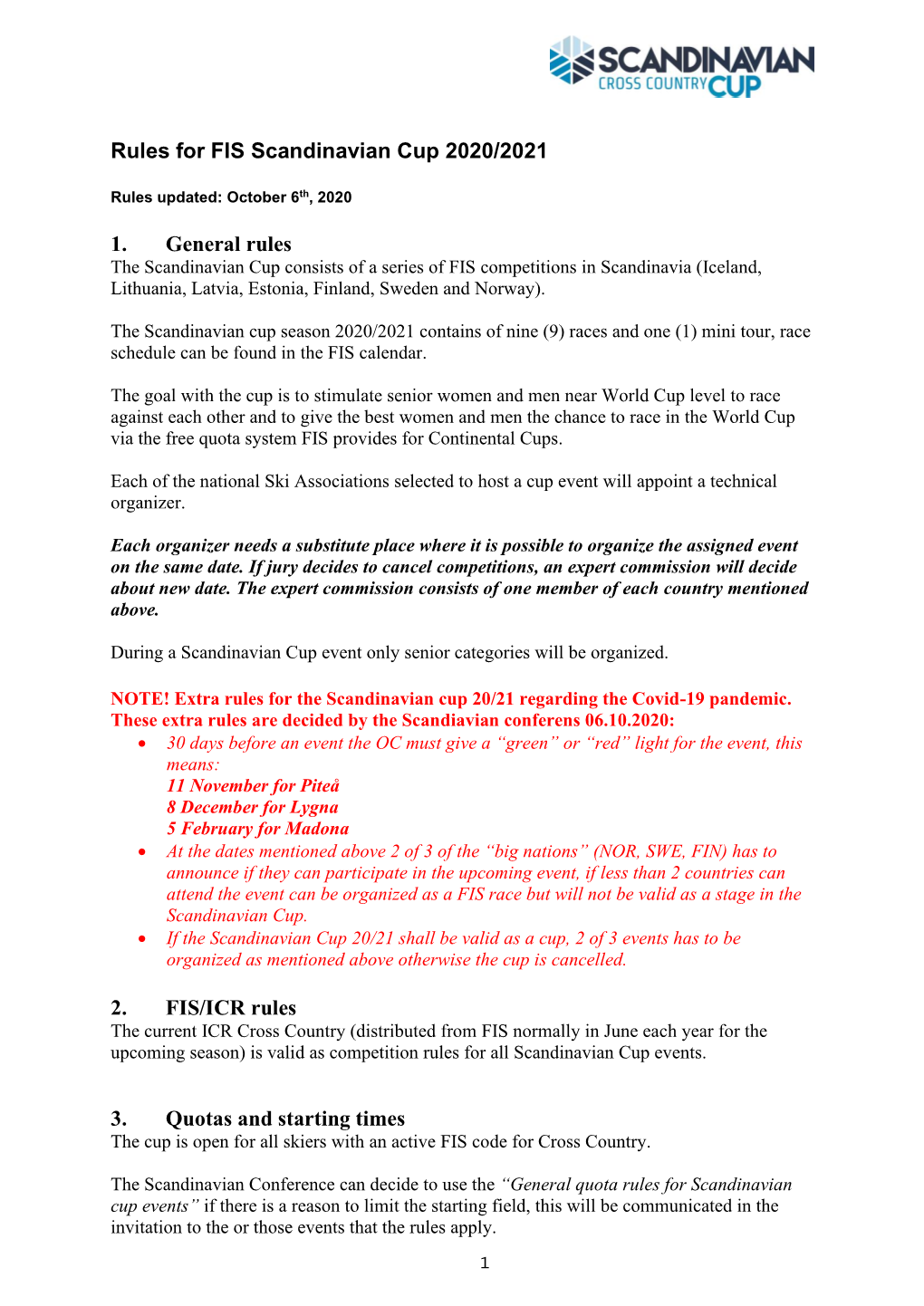 Scandinavian Cup Rules 2020-2021