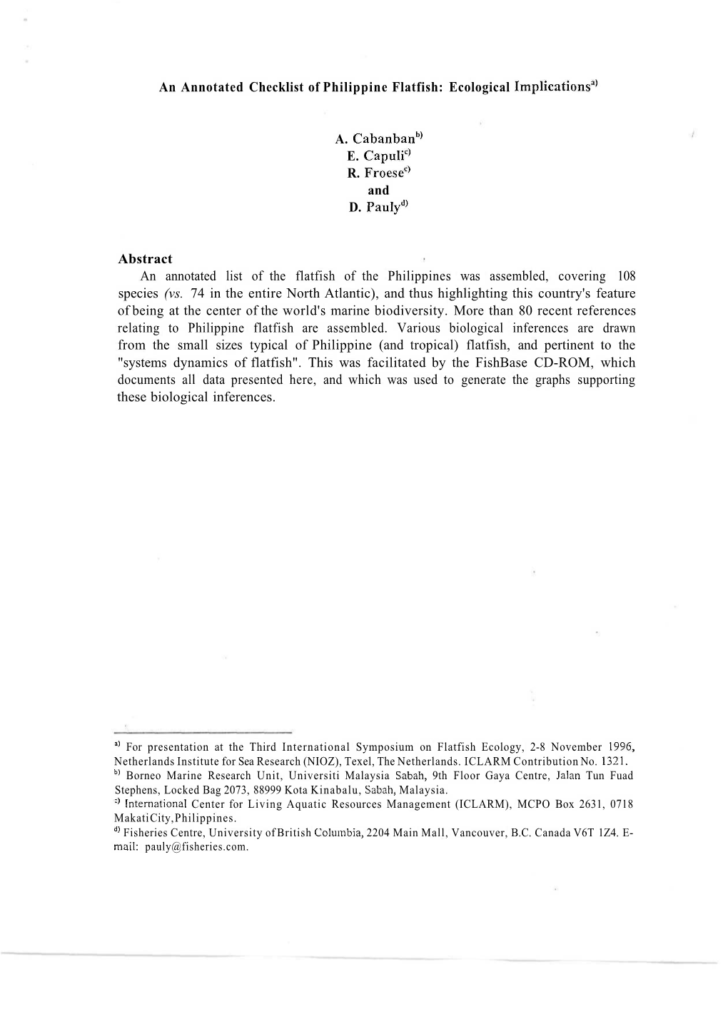 An Annotated Checklist of Philippine Flatfish: Ecological Implications3'