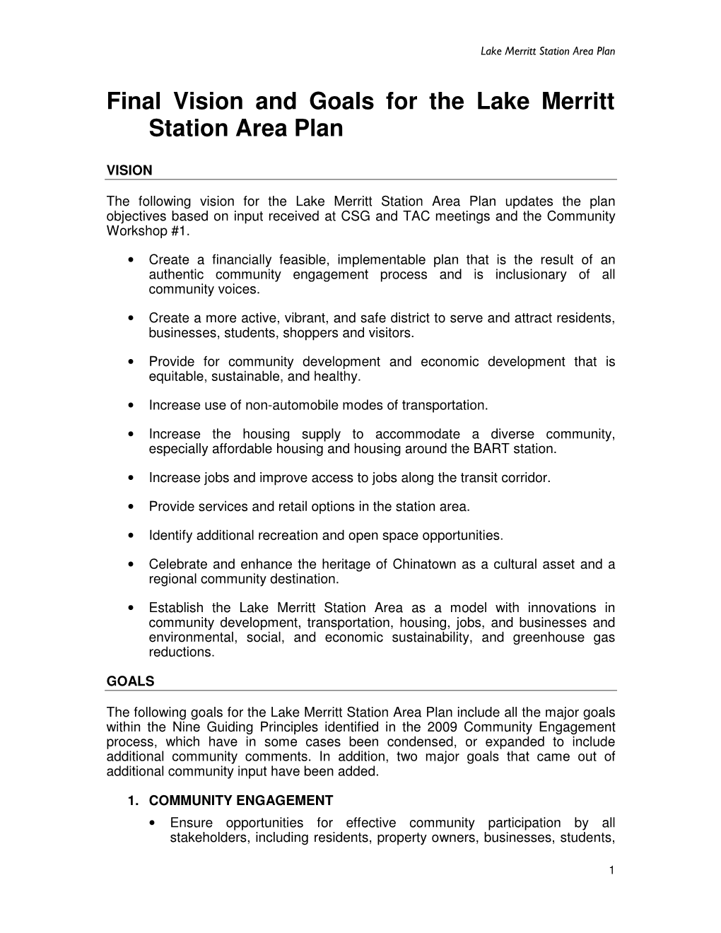 Final Vision and Goals for the Lake Merritt Station Area Plan