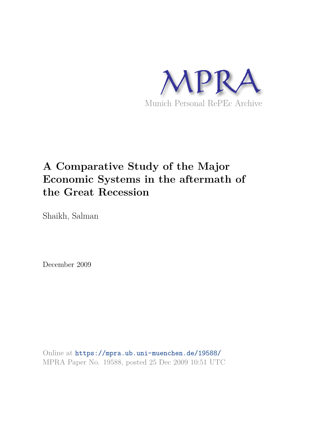 A Comparative Study of the Major Economic Systems in the Aftermath of the Great Recession