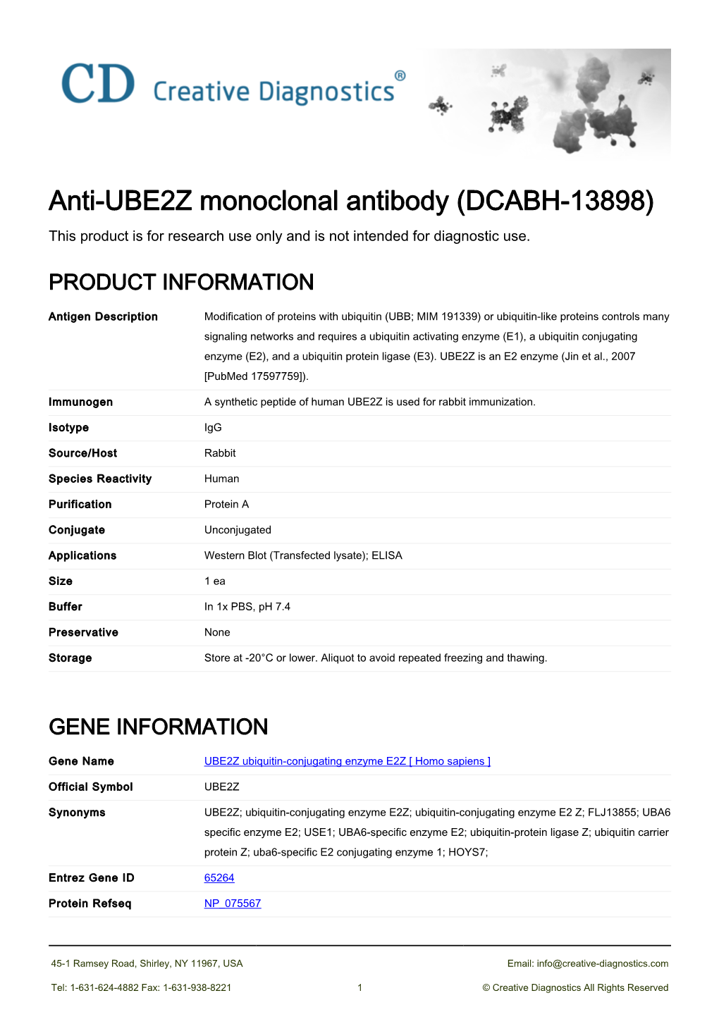 Anti-UBE2Z Monoclonal Antibody (DCABH-13898) This Product Is for Research Use Only and Is Not Intended for Diagnostic Use