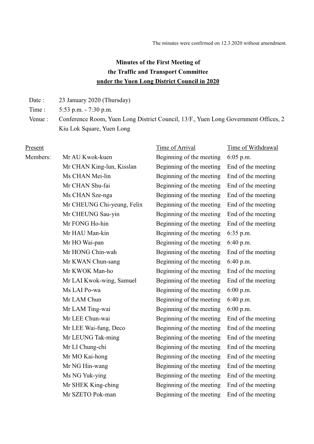 Minutes of the First Meeting of the Traffic and Transport Committee Under the Yuen Long District Council in 2020