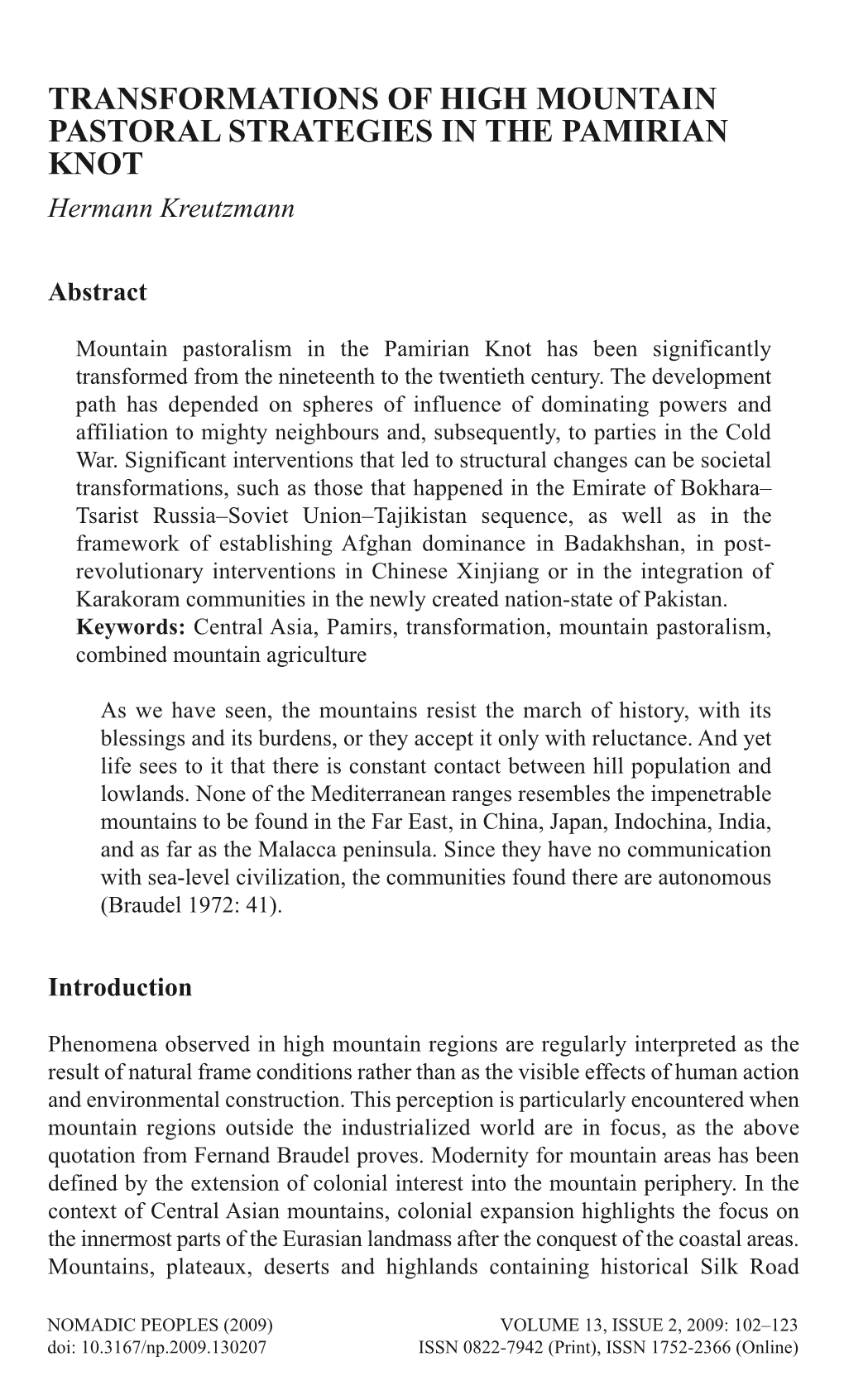 TRANSFORMATIONS of HIGH MOUNTAIN PASTORAL STRATEGIES in the PAMIRIAN KNOT Hermann Kreutzmann