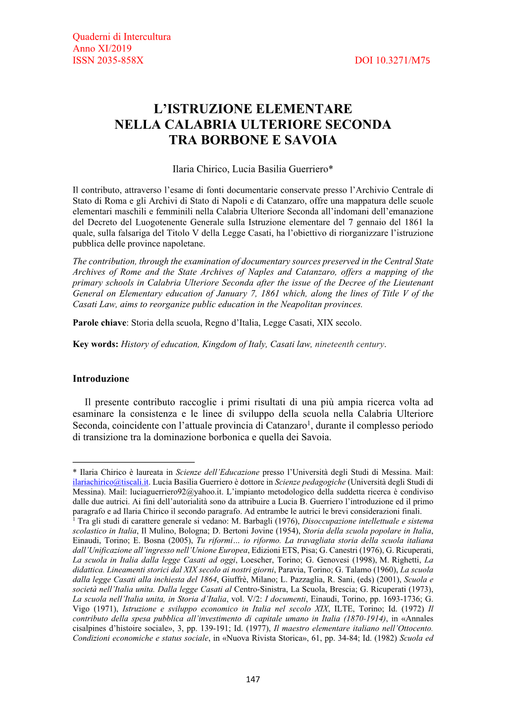 L'istruzione Elementare Nella Calabria Ulteriore Seconda Tra Borbone E Savoia