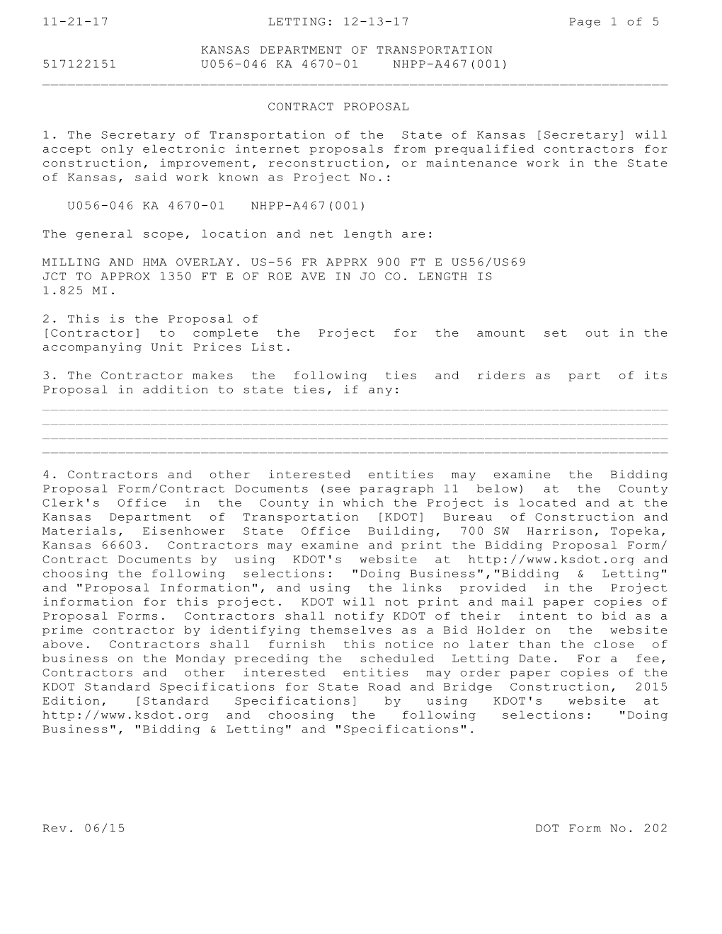 11-21-17 LETTING: 12-13-17 Page 1 of 5 KANSAS DEPARTMENT OF