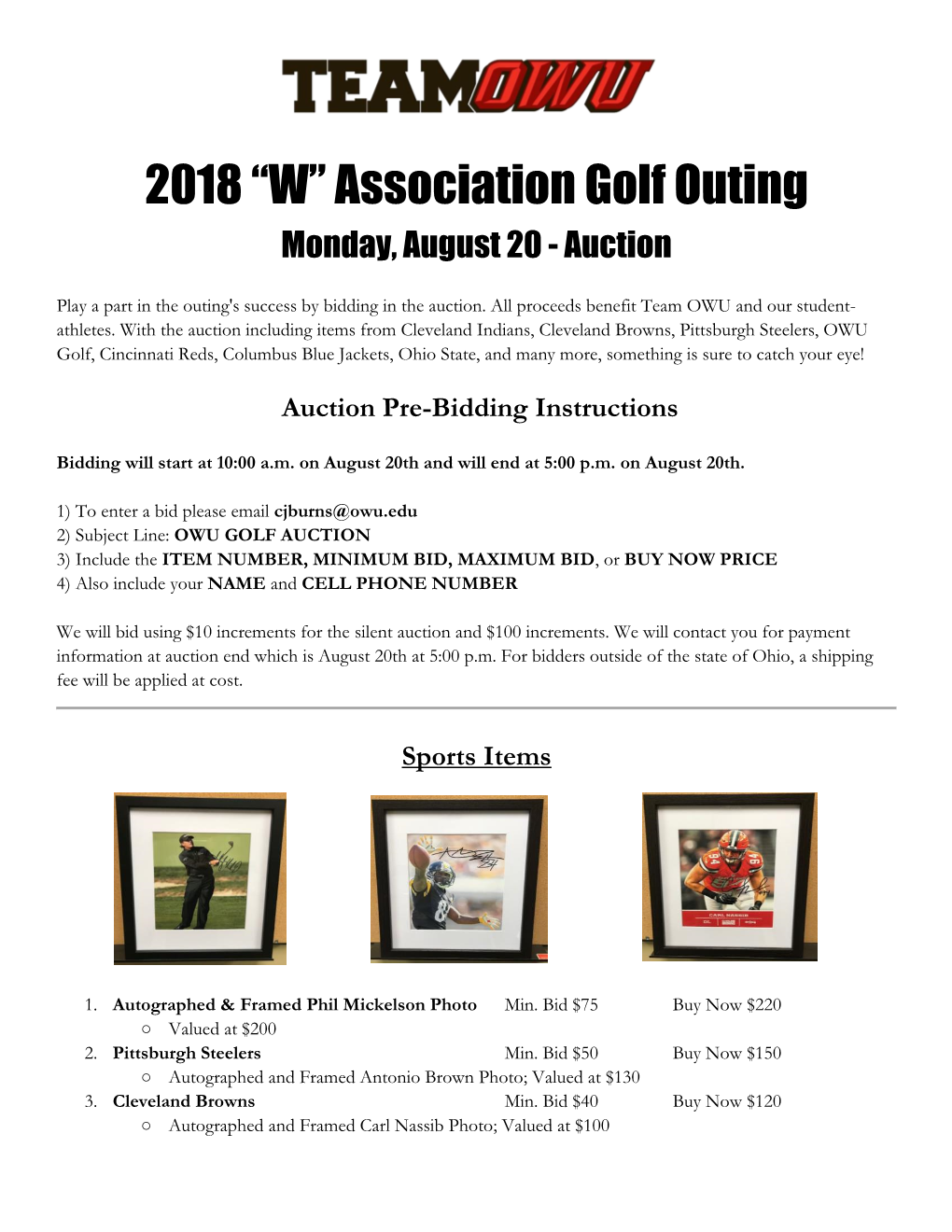 2018 “W” Association Golf Outing Monday, August 20 - Auction