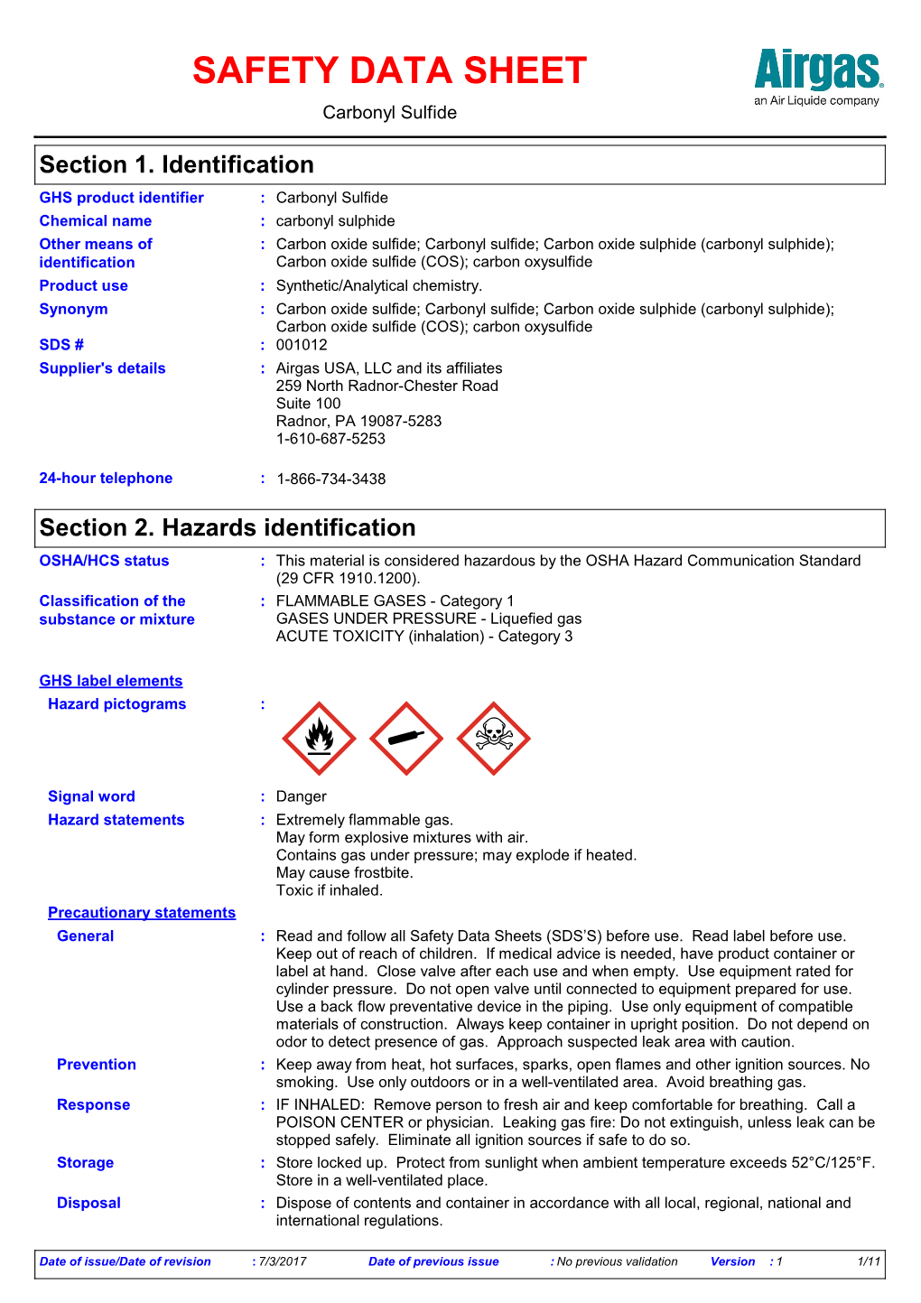 SAFETY DATA SHEET Carbonyl Sulfide